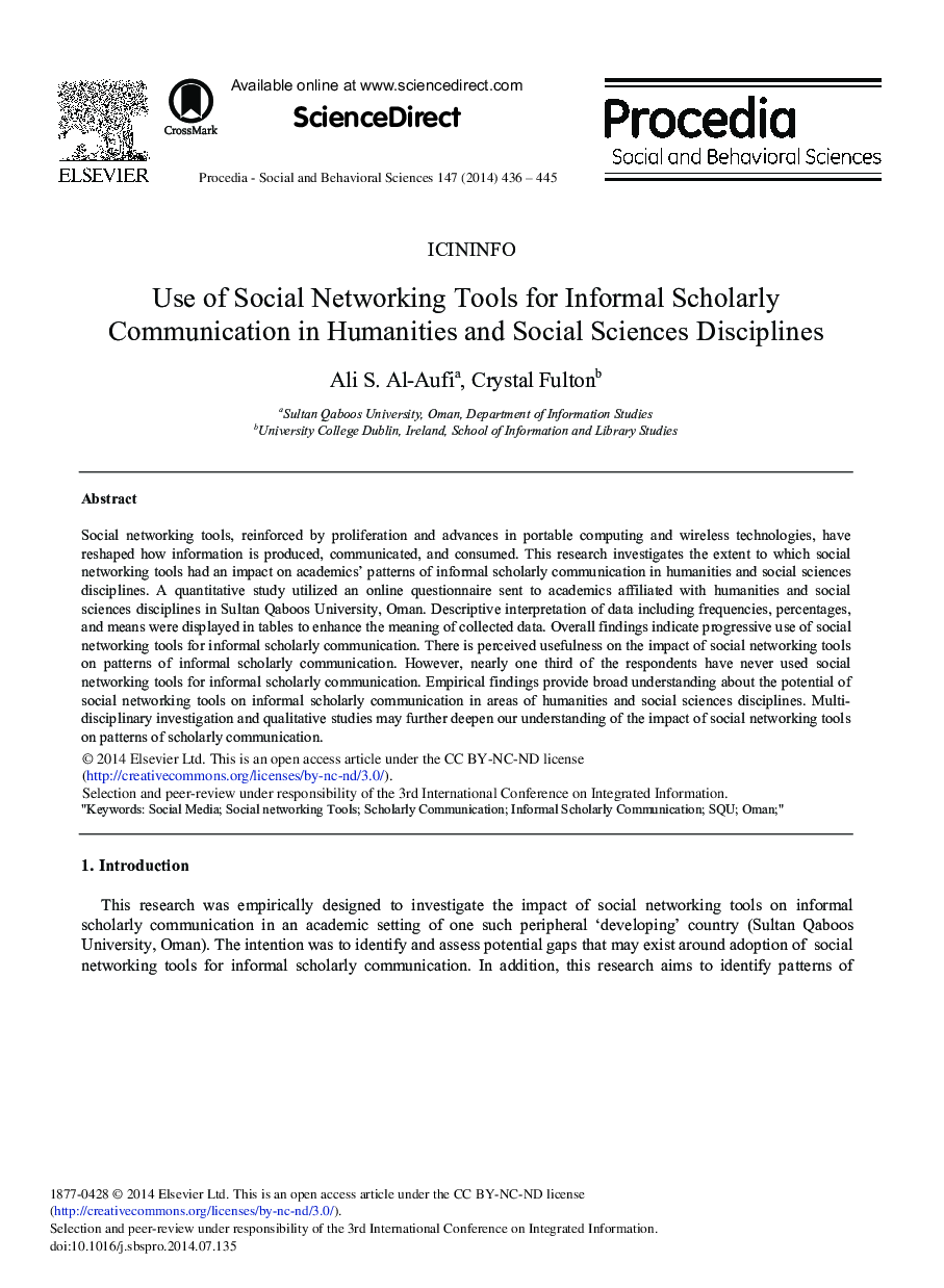 Use of Social Networking Tools for Informal Scholarly Communication in Humanities and Social Sciences Disciplines 