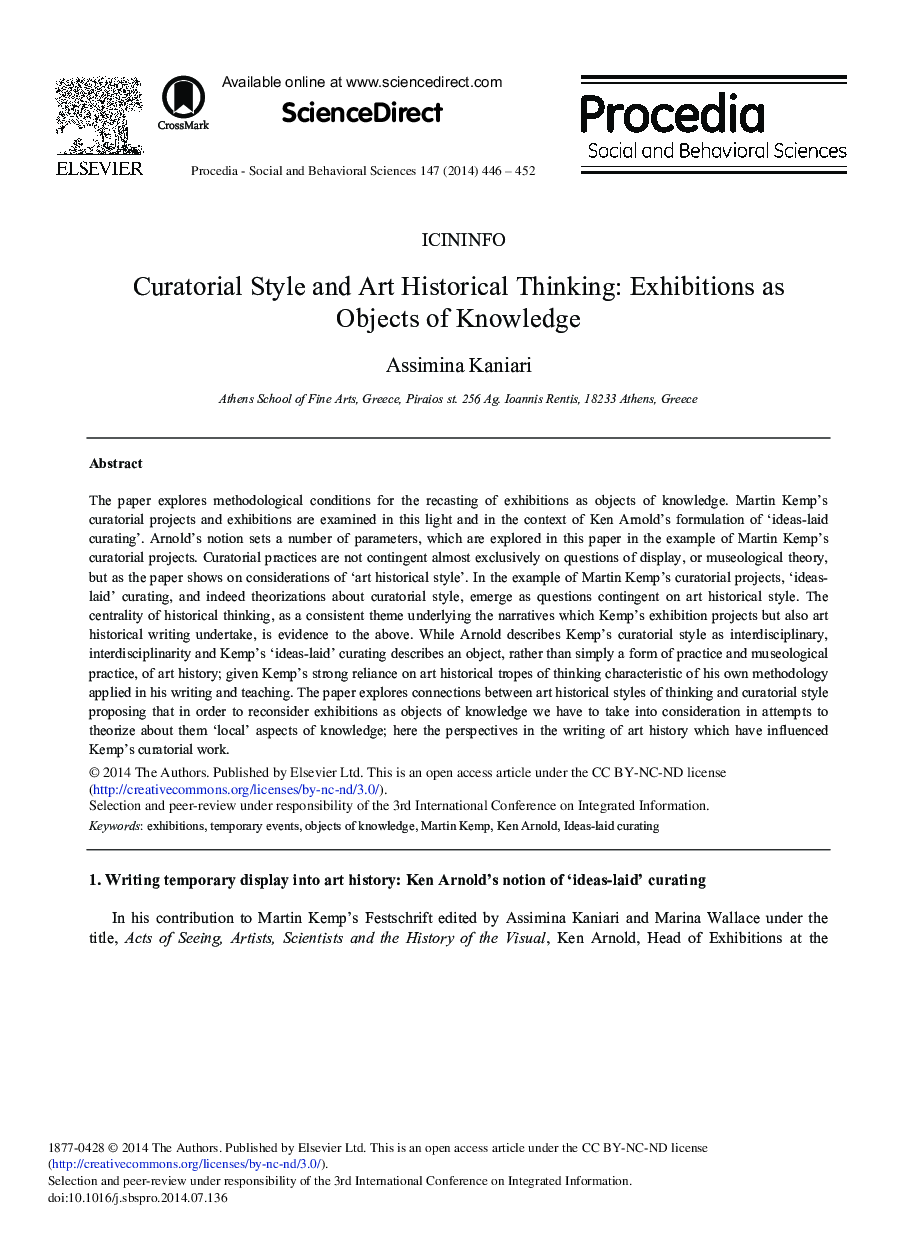 Curatorial Style and Art Historical Thinking: Exhibitions as Objects of Knowledge 