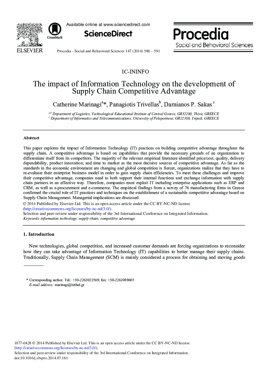 The Impact of Information Technology on the Development of Supply Chain Competitive Advantage 