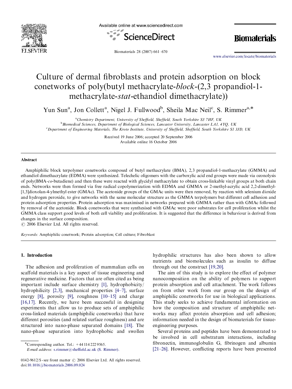 Culture of dermal fibroblasts and protein adsorption on block conetworks of poly(butyl methacrylate-block-(2,3 propandiol-1-methacrylate-stat-ethandiol dimethacrylate))