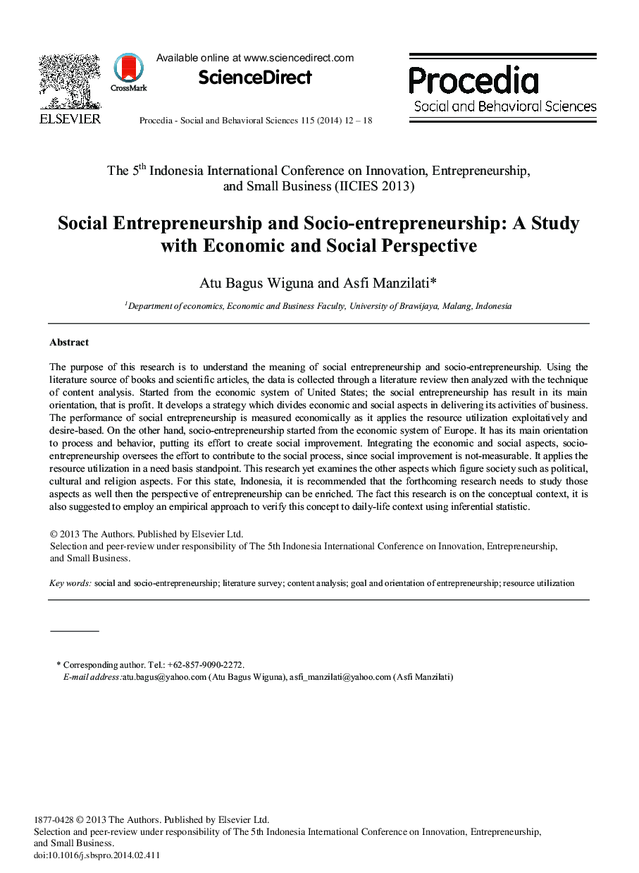 Social Entrepreneurship and Socio-entrepreneurship: A Study with Economic and Social Perspective 