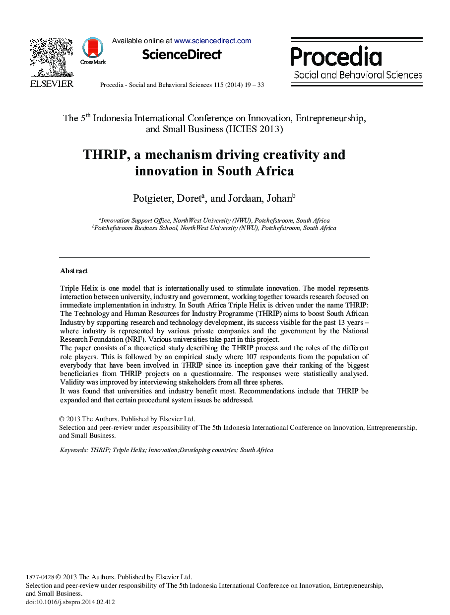 THRIP, a Mechanism Driving Creativity and Innovation in South Africa 