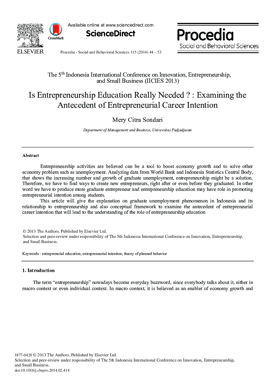 Is Entrepreneurship Education Really Needed?: Examining the Antecedent of Entrepreneurial Career Intention 