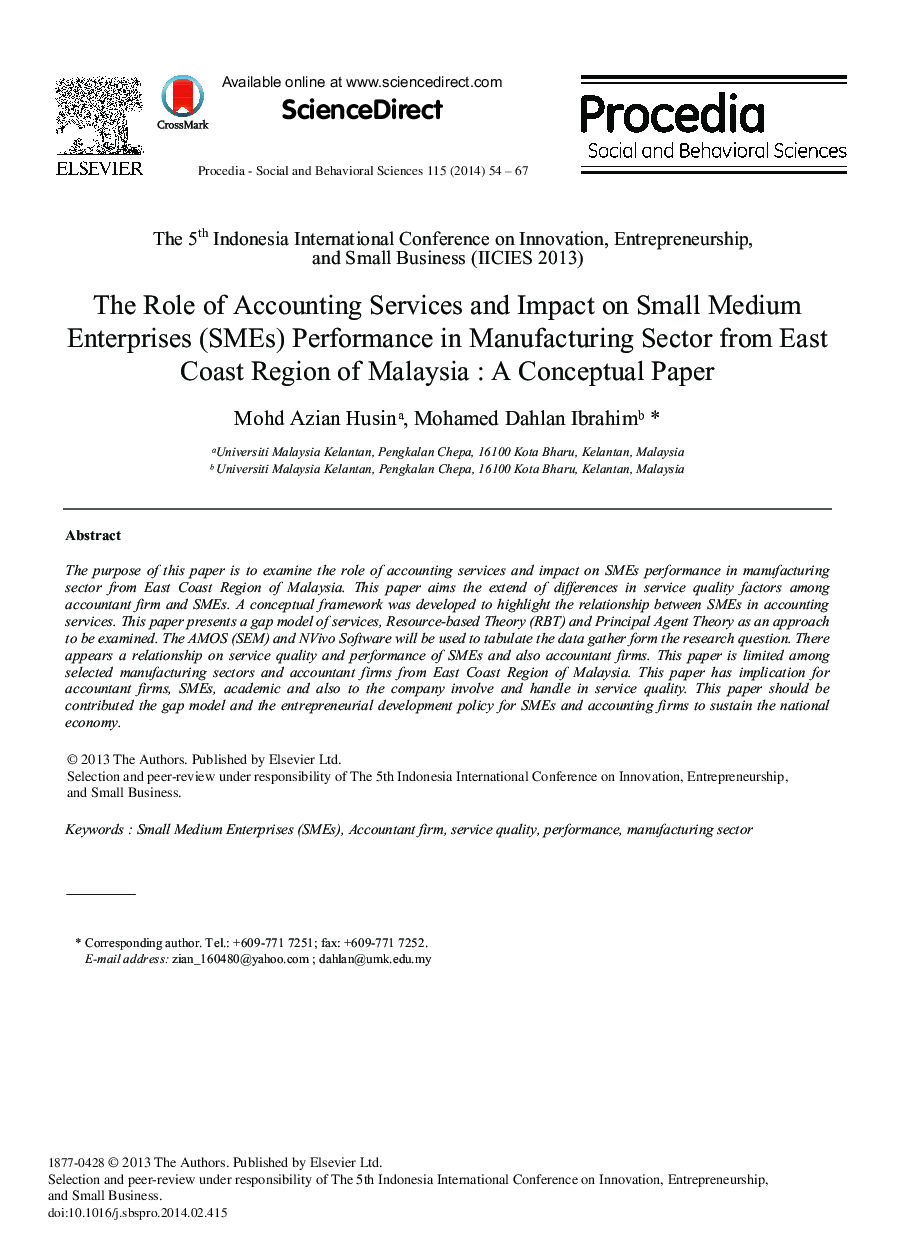 The Role of Accounting Services and Impact on Small Medium Enterprises (SMEs) Performance in Manufacturing Sector from East Coast Region of Malaysia: A Conceptual Paper 