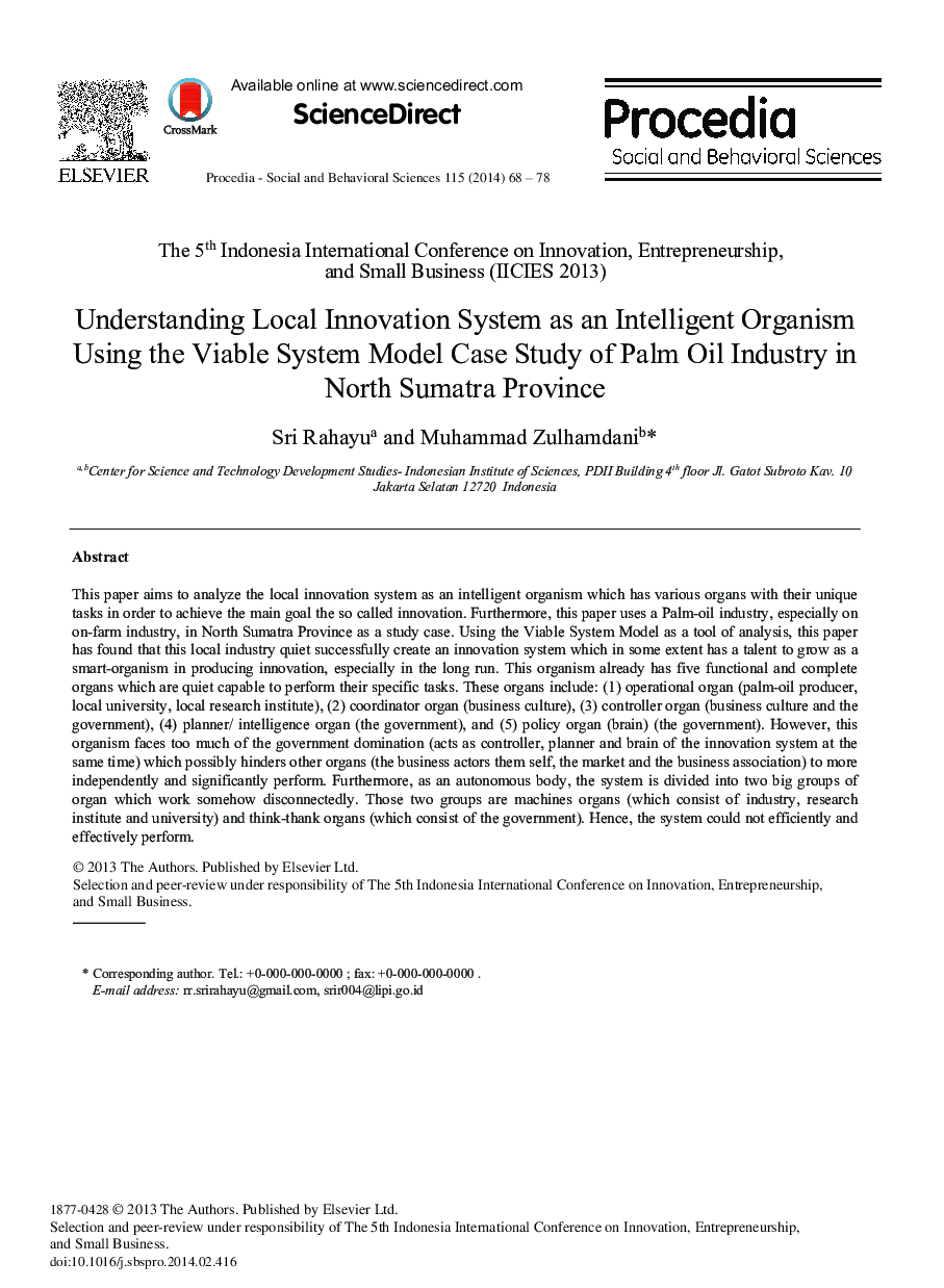 Understanding Local Innovation System as an Intelligent Organism Using the Viable System Model Case Study of Palm Oil Industry in North Sumatra Province 