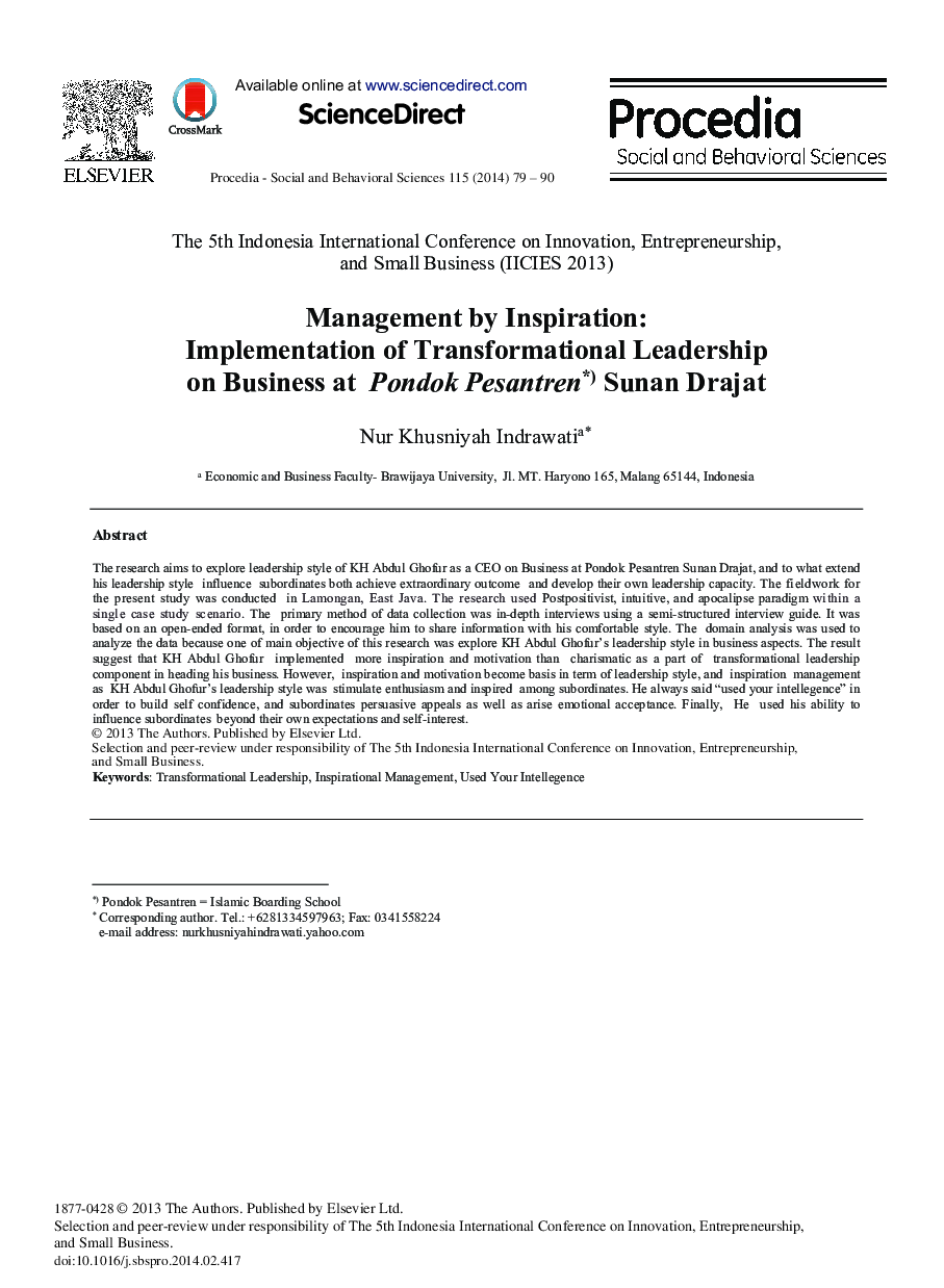 Management by Inspiration: Implementation of Transformational Leadership on Business at Pondok Pesantren*) Sunan Drajat 