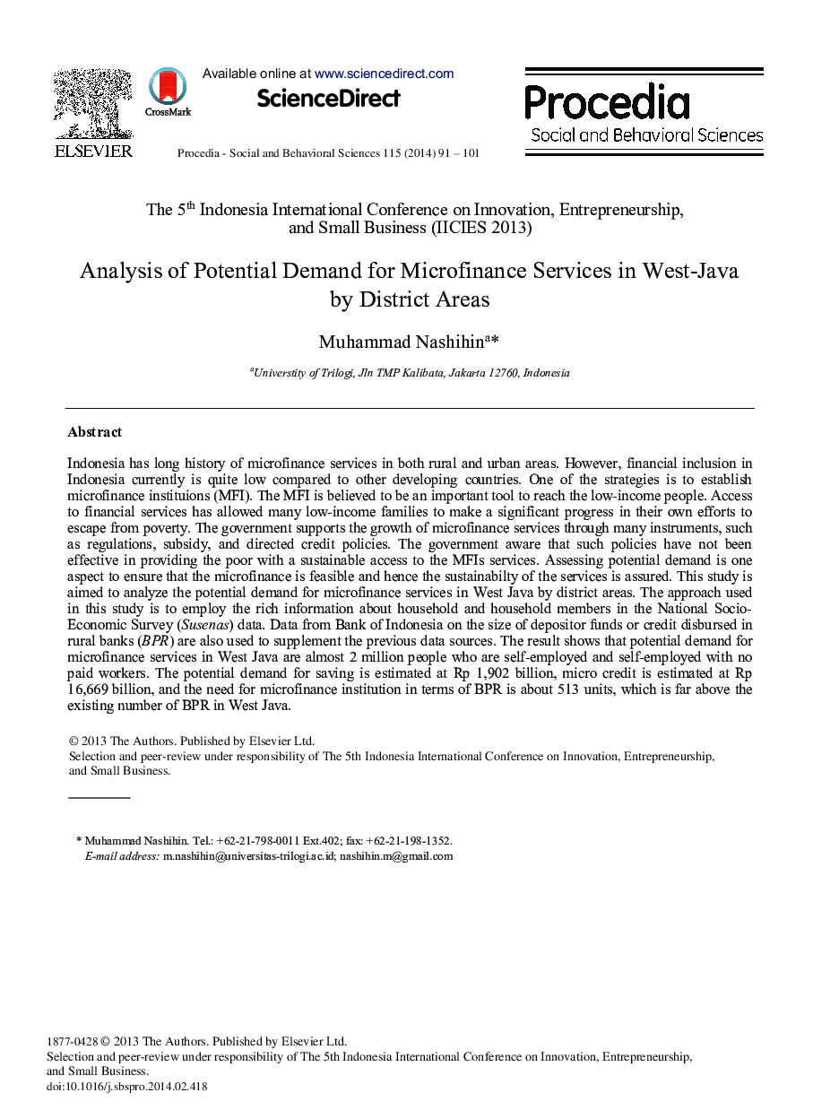 Analysis of Potential Demand for Microfinance Services in West-Java by District Areas 