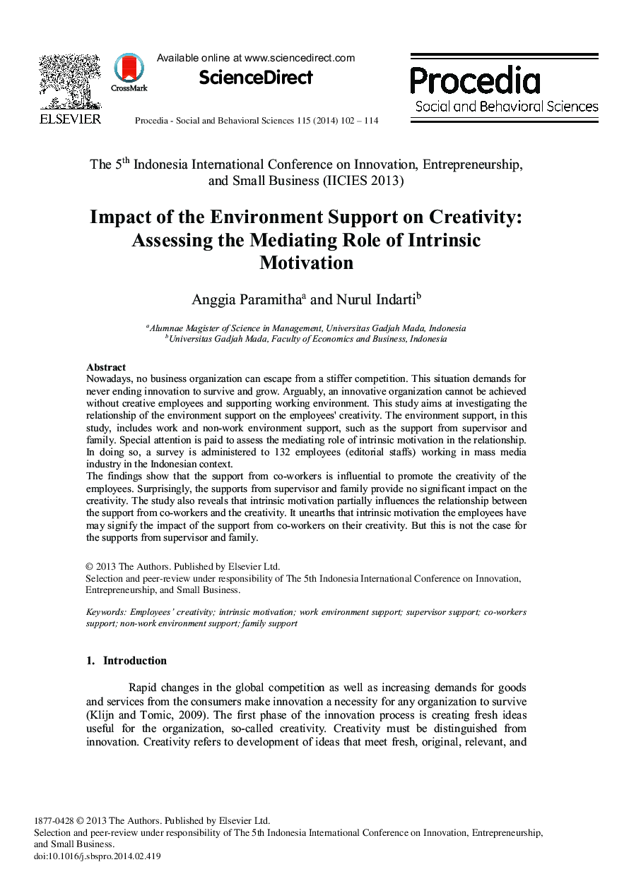 Impact of the Environment Support on Creativity: Assessing the Mediating Role of Intrinsic Motivation 