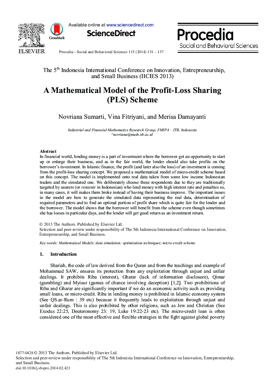 A Mathematical Model of the Profit-Loss Sharing (PLS) Scheme 