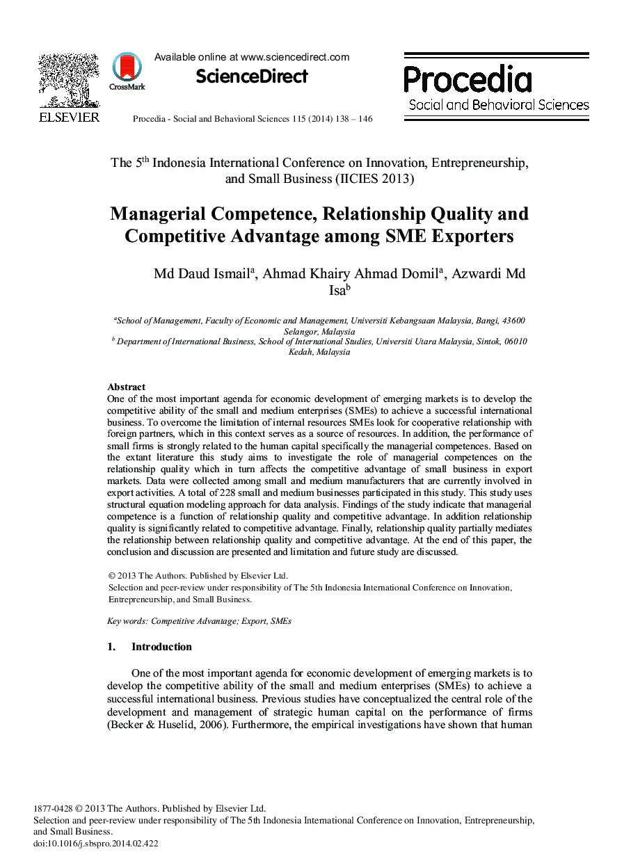 Managerial Competence, Relationship Quality and Competitive Advantage among SME Exporters 