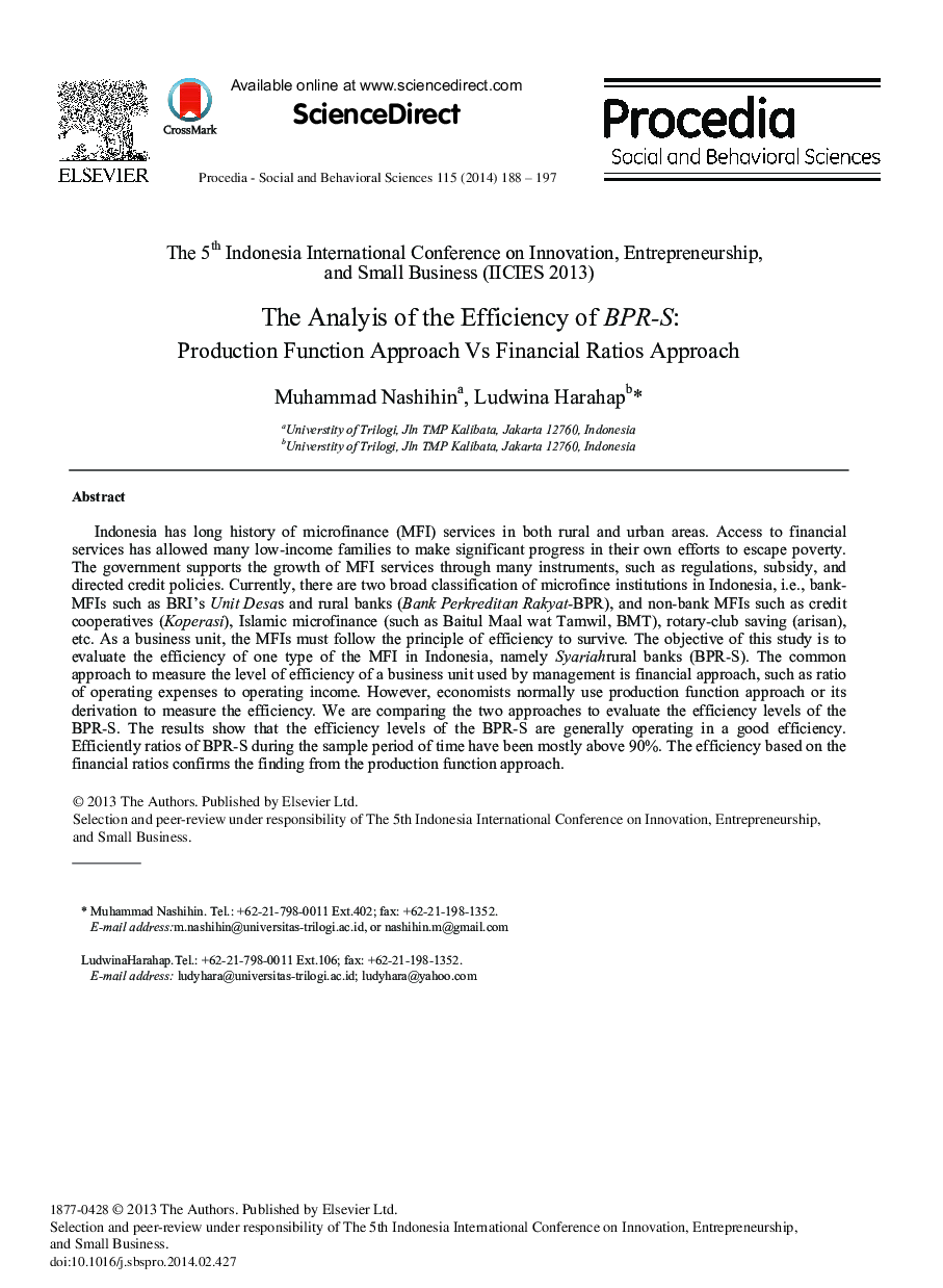 The Analyis of the Efficiency of BPR-S: Production Function Approach Vs Financial Ratios Approach 