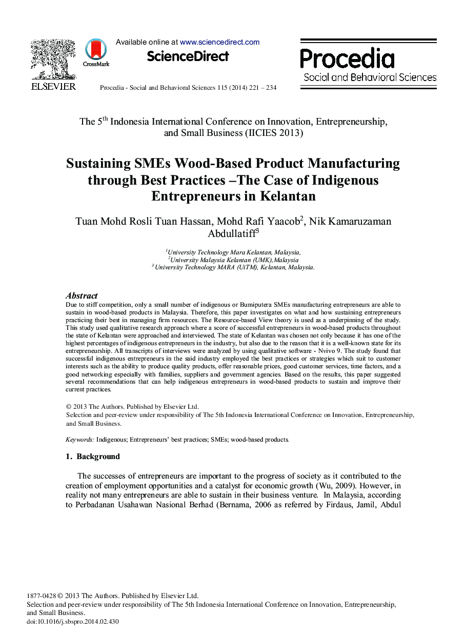 Sustaining SMEs Wood-based Product Manufacturing through Best Practices – The Case of Indigenous Entrepreneurs in Kelantan 