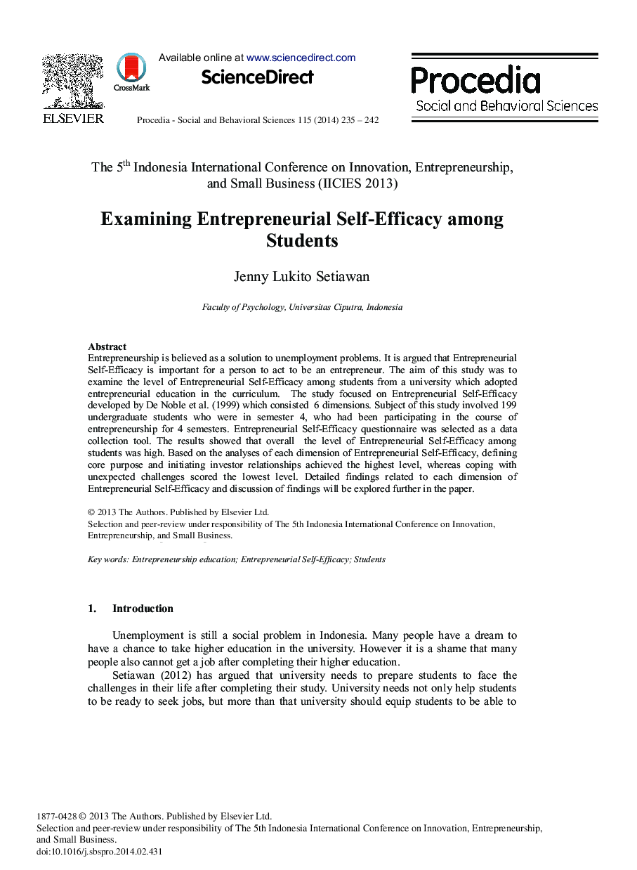 Examining Entrepreneurial Self-efficacy among Students 