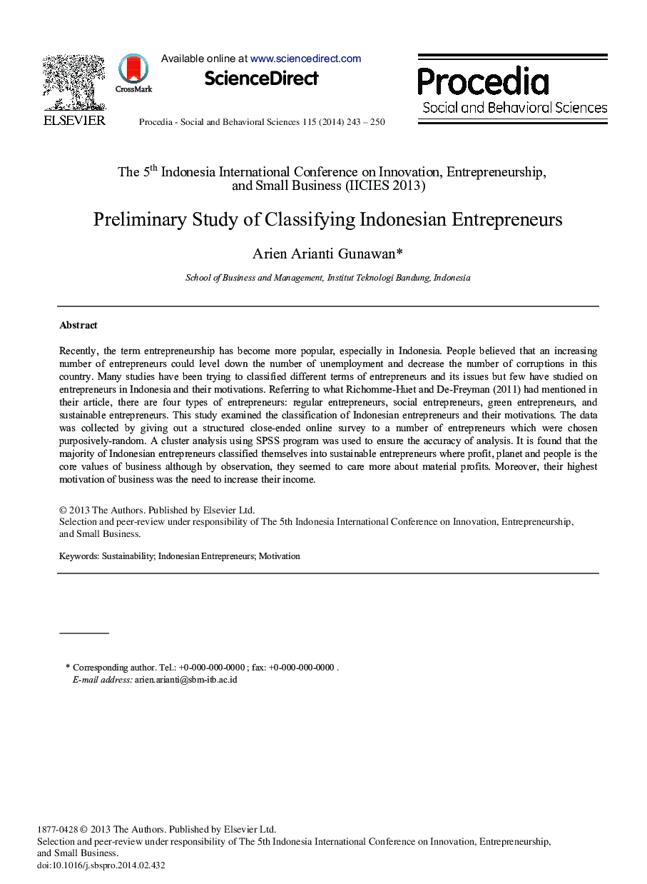 Preliminary Study of Classifying Indonesian Entrepreneurs 