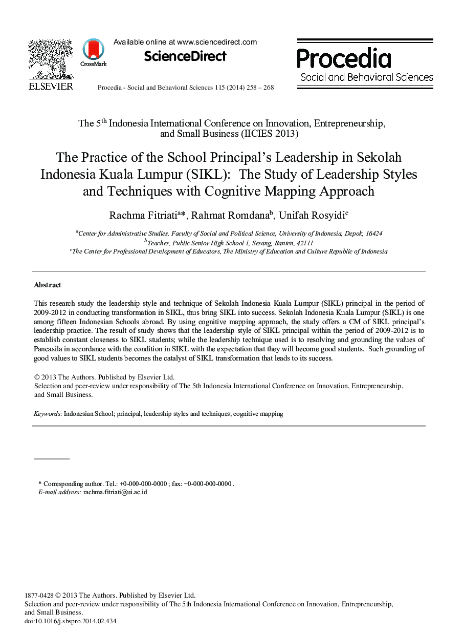 The Practice of the School Principal's Leadership in Sekolah Indonesia Kuala Lumpur (SIKL): The Study of Leadership Styles and Techniques with Cognitive Mapping Approach 