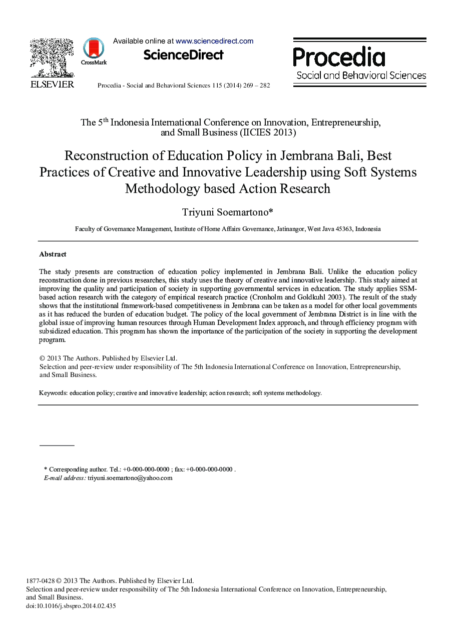 Reconstruction of Education Policy in Jembrana Bali, Best Practices of Creative and Innovative Leadership Using Soft Systems Methodology based Action Research 