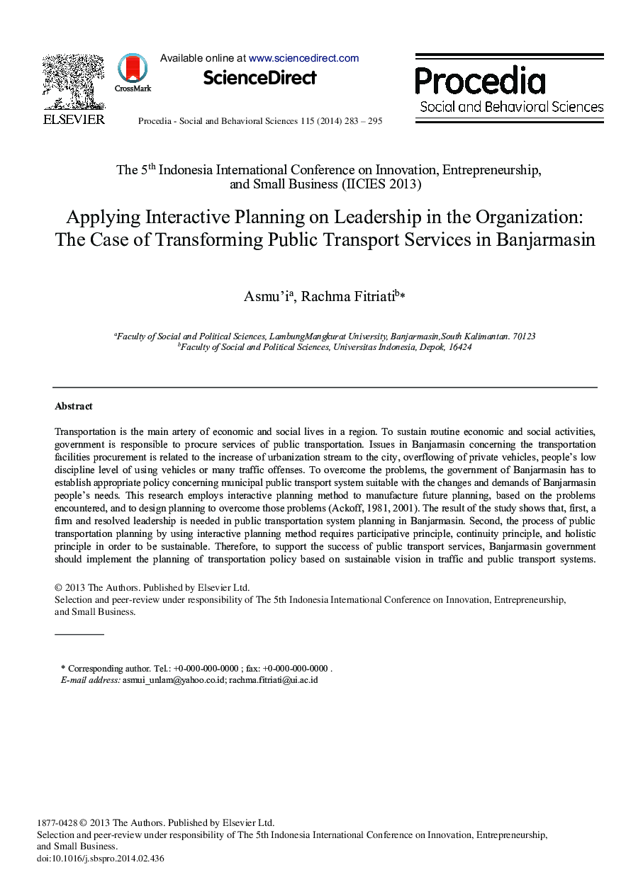 Applying Interactive Planning on Leadership in the Organization: The Case of Transforming Public Transport Services in Banjarmasin 