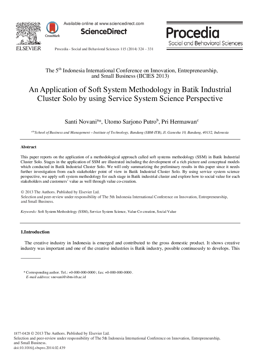 An Application of Soft System Methodology in Batik Industrial Cluster Solo by Using Service System Science Perspective 