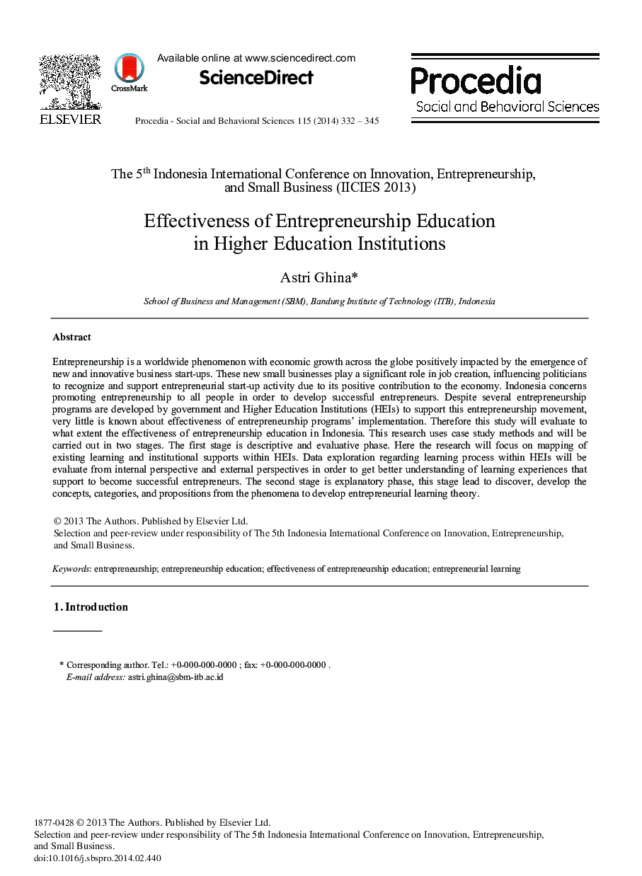 Effectiveness of Entrepreneurship Education in Higher Education Institutions 