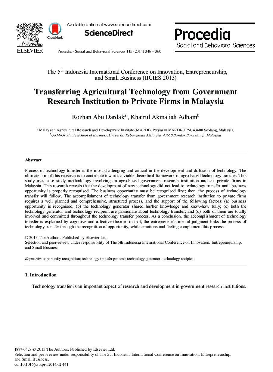 Transferring Agricultural Technology from Government Research Institution to Private Firms in Malaysia 