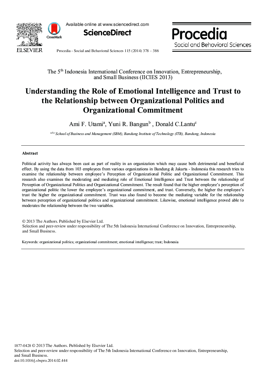 Understanding the Role of Emotional Intelligence and Trust to the Relationship between Organizational Politics and Organizational Commitment 