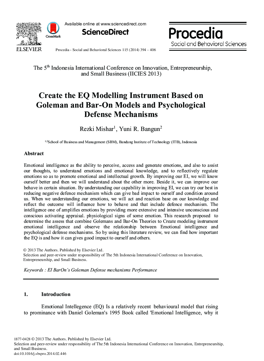 Create the EQ Modelling Instrument Based on Goleman and Bar-On Models and Psychological Defense Mechanisms 