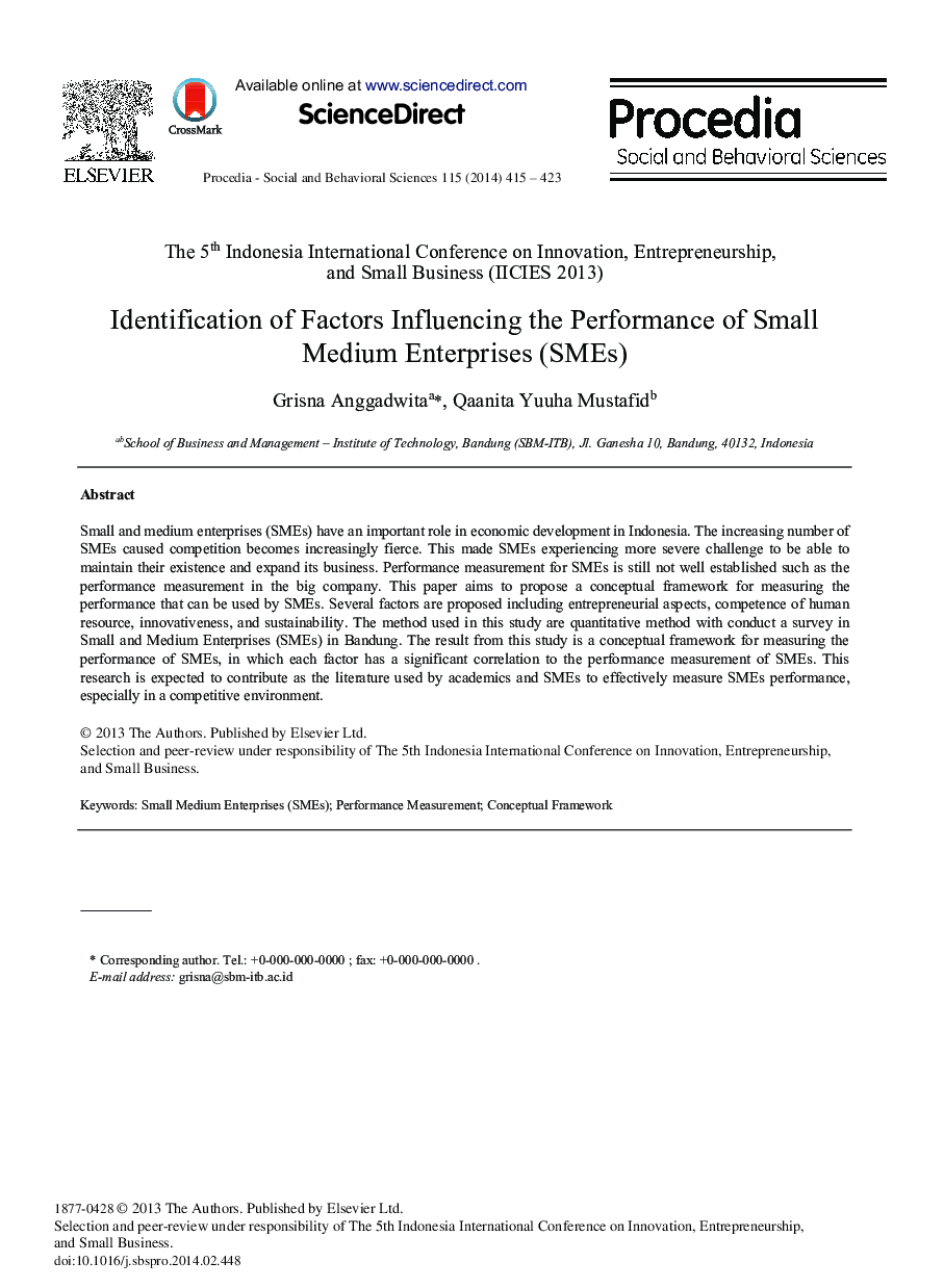 Identification of Factors Influencing the Performance of Small Medium Enterprises (SMEs) 