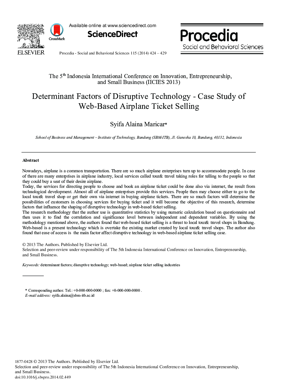 Determinant Factors of Disruptive Technology – Case Study of Web-based Airplane Ticket Selling 