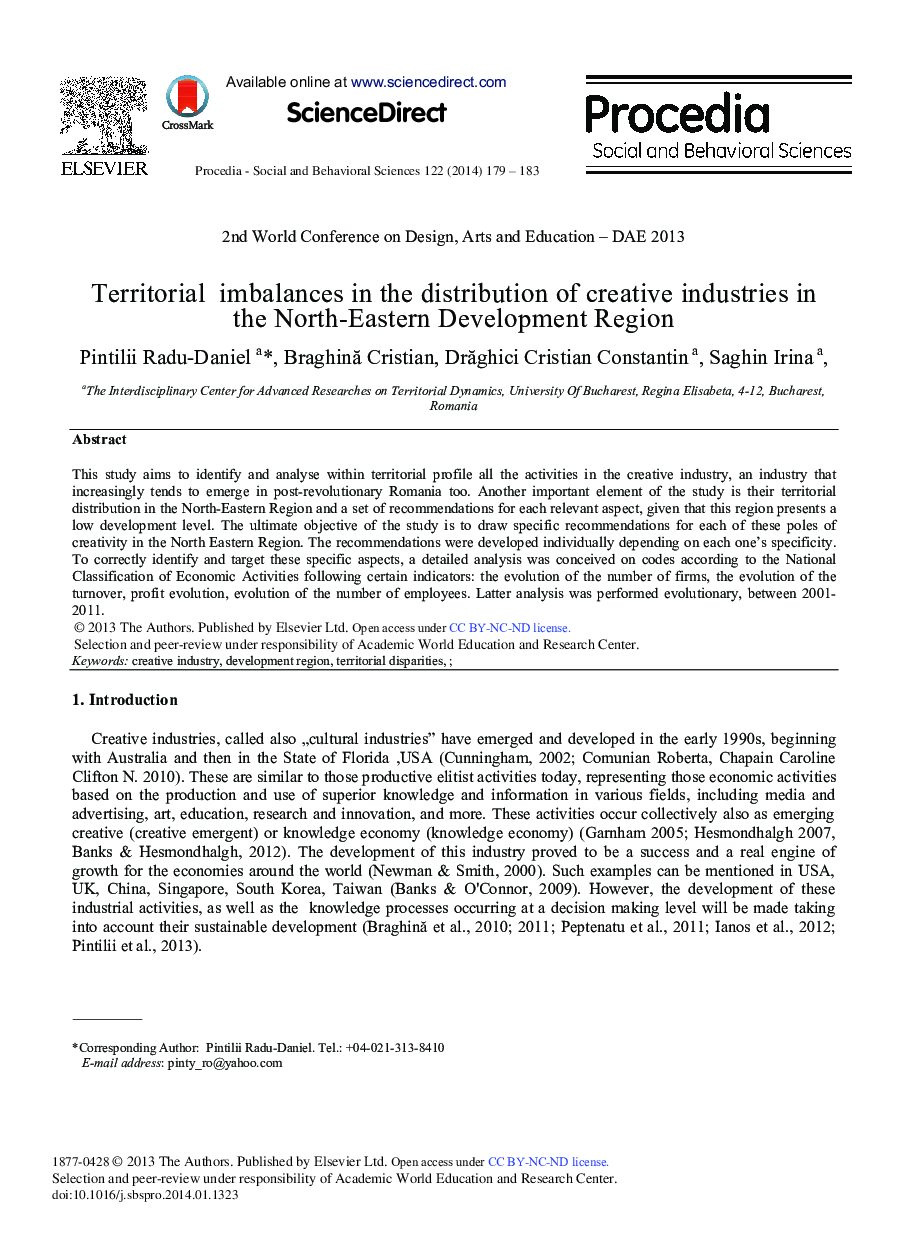 Territorial Imbalances in the Distribution of Creative Industries in the North-Eastern Development Region 