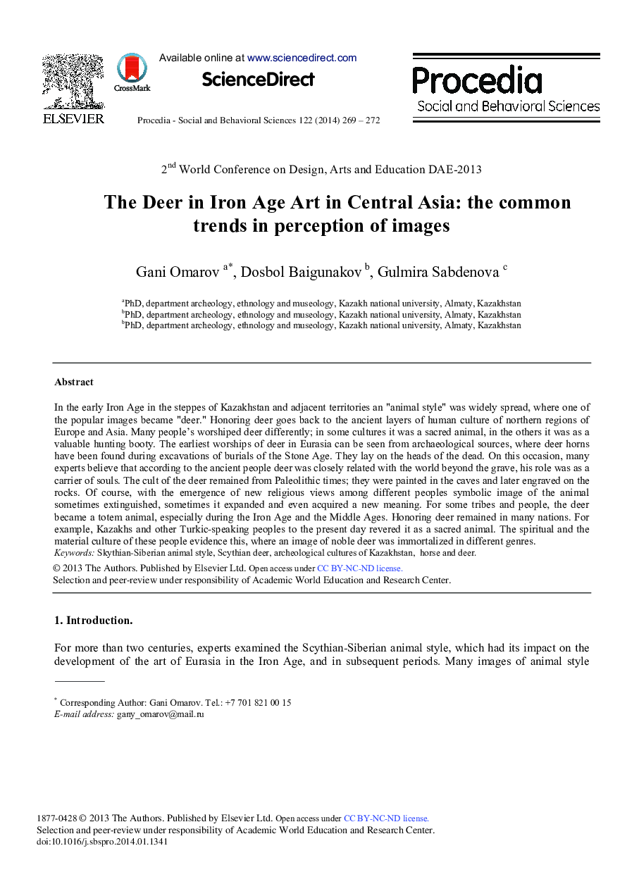 The Deer in Iron Age Art in Central Asia: The Common Trends in Perception of Images 