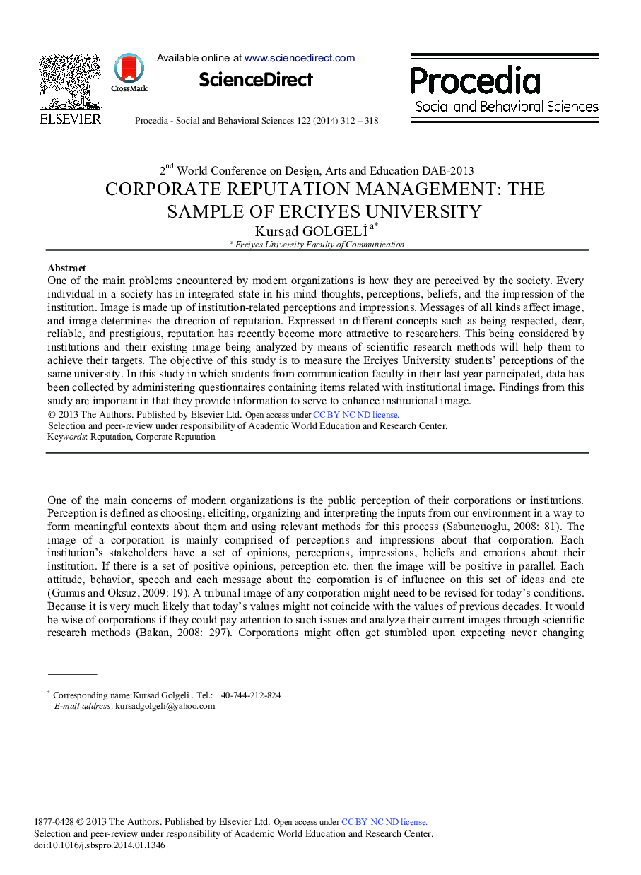 Corporate Reputation Management: The Sample of Erciyes University 