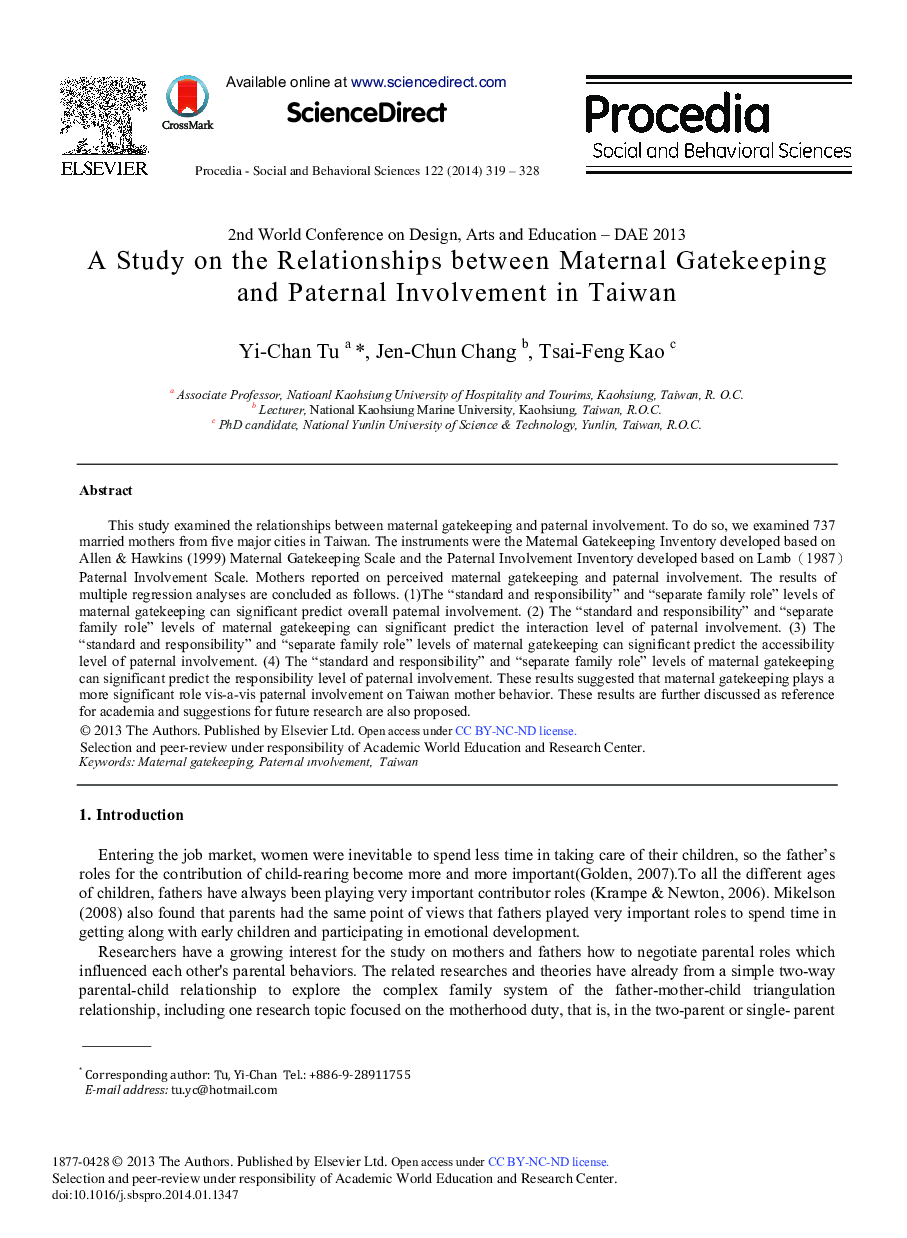 A Study on the Relationships between Maternal Gatekeeping and Paternal Involvement in Taiwan 