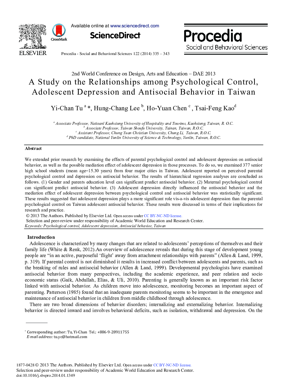 A Study on the Relationships among Psychological Control, Adolescent Depression and Antisocial Behavior in Taiwan 