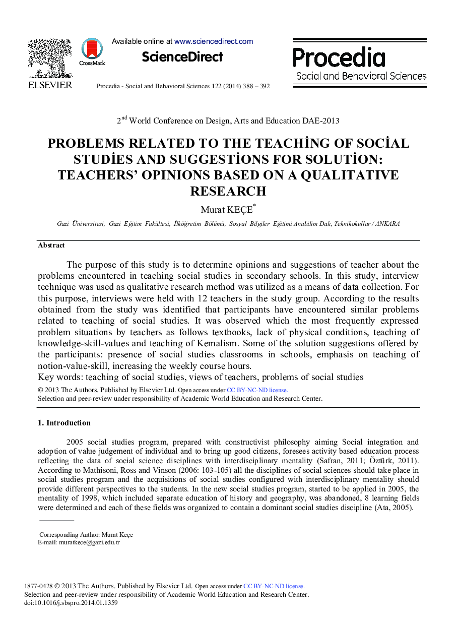 Problems Related to the Teaching of Social Studies and Suggestions for Solution: Teachers’ Opinions Based on a Qualitative Research 