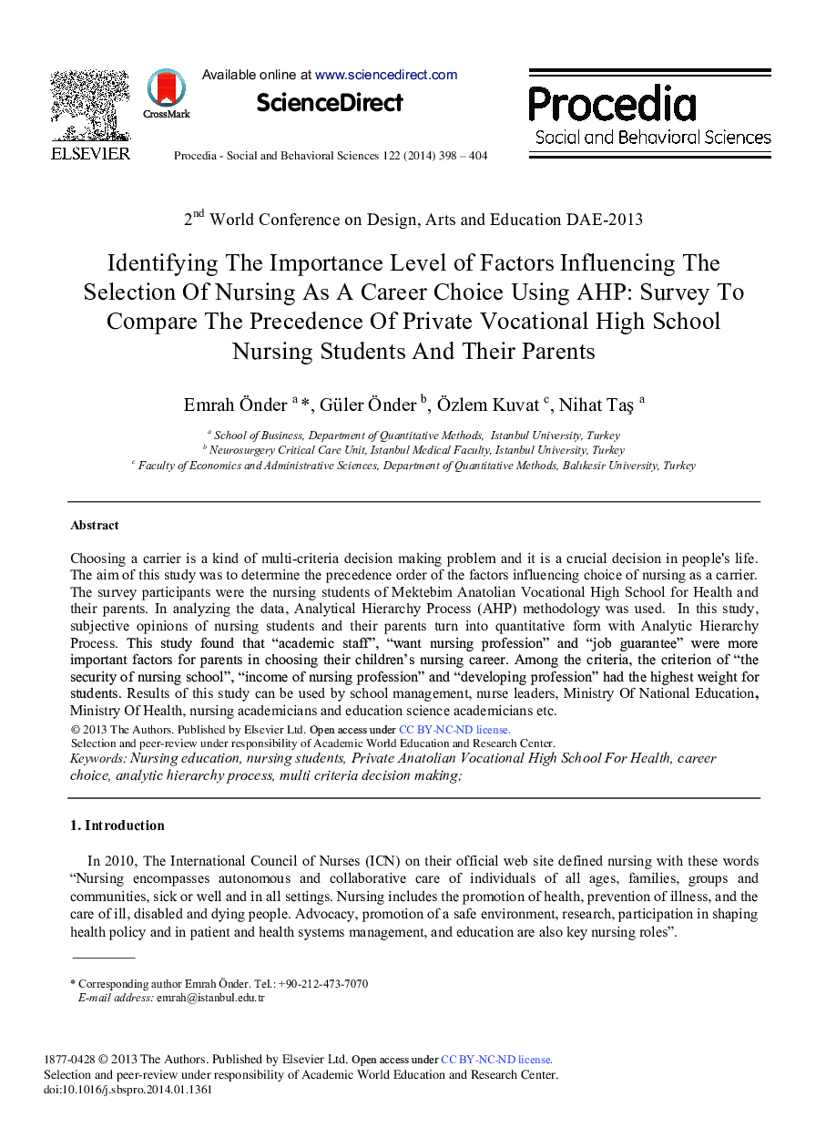 Identifying the Importance Level of Factors Influencing the Selection of Nursing as a Career Choice Using AHP: Survey to Compare the Precedence of Private Vocational High School Nursing Students and their Parents 