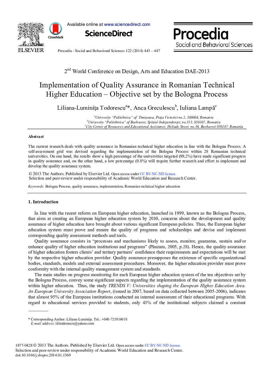 Implementation of Quality Assurance in Romanian Technical Higher Education – Objective Set by the Bologna Process 