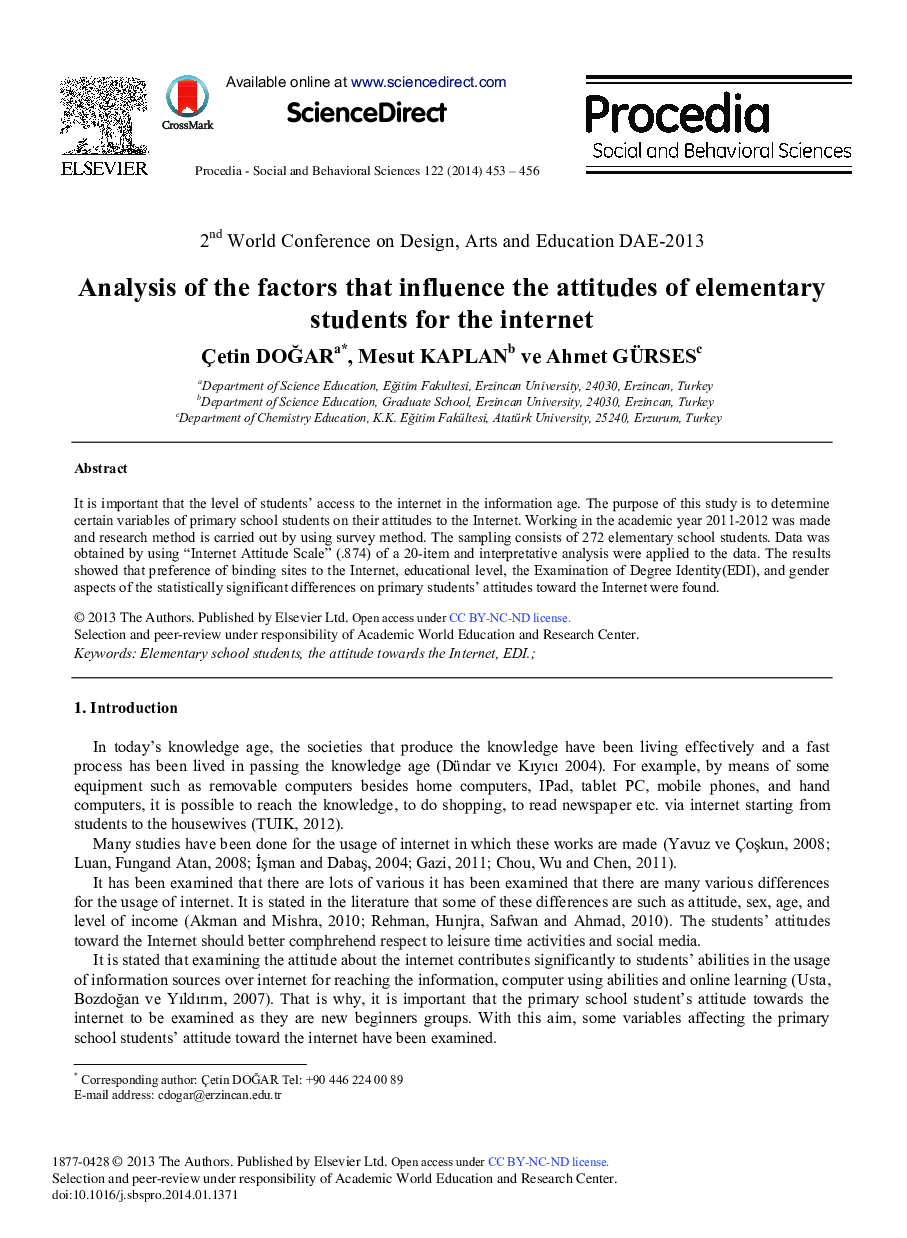 Analysis of the Factors that Influence the Attitudes of Elementary Students for the Internet 