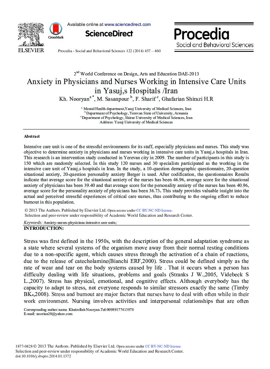 Anxiety in Physicians and Nurses Working in Intensive Care Units in Yasuj's Hospitals/Iran 