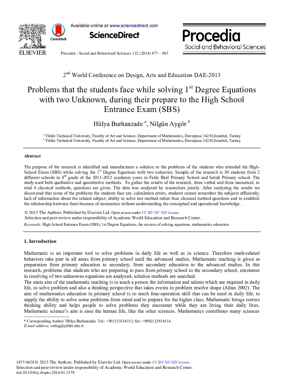 Problems that the Students Face while Solving 1st Degree Equations with Two Unknown, During their Prepare to the High School Entrance Exam (SBS) 