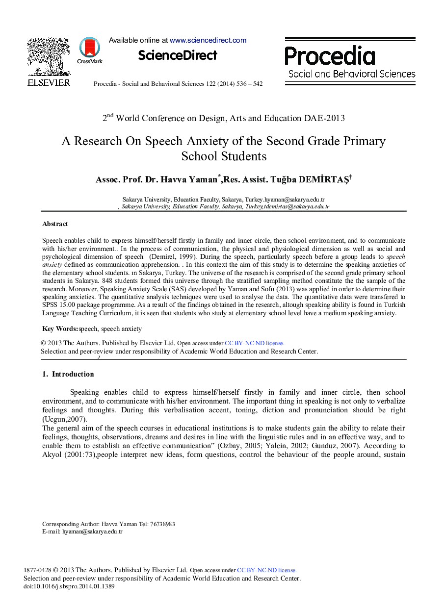 A Research on Speech Anxiety of the Second Grade Primary School Students 