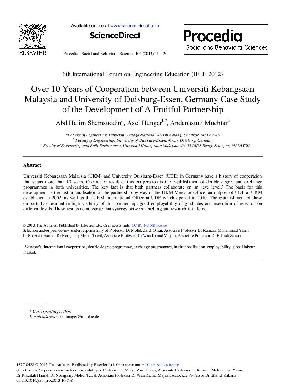 Over 10 Years of Cooperation between Universiti Kebangsaan Malaysia and University of Duisburg-Essen, Germany Case Study of the Development of a Fruitful Partnership 