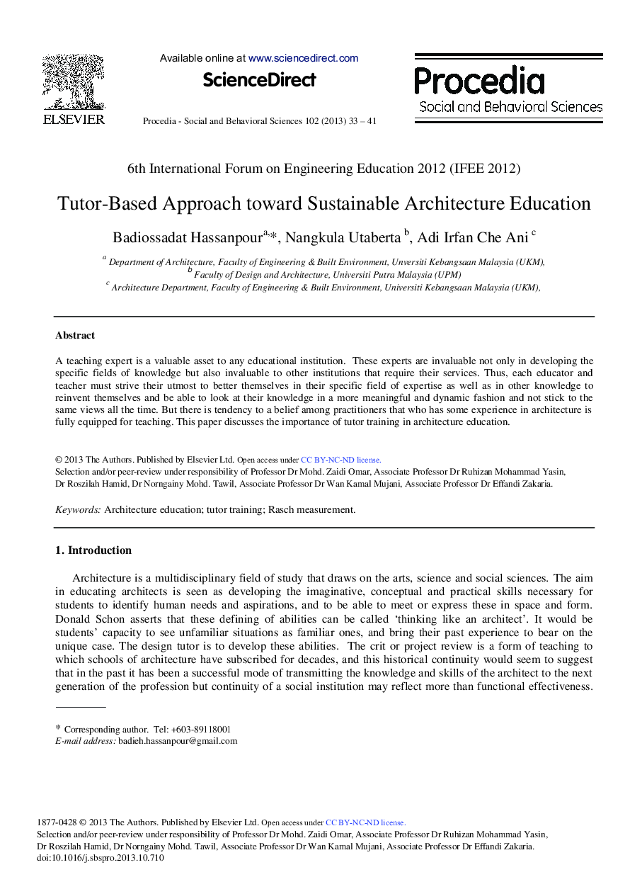 Tutor-based Approach toward Sustainable Architecture Education 