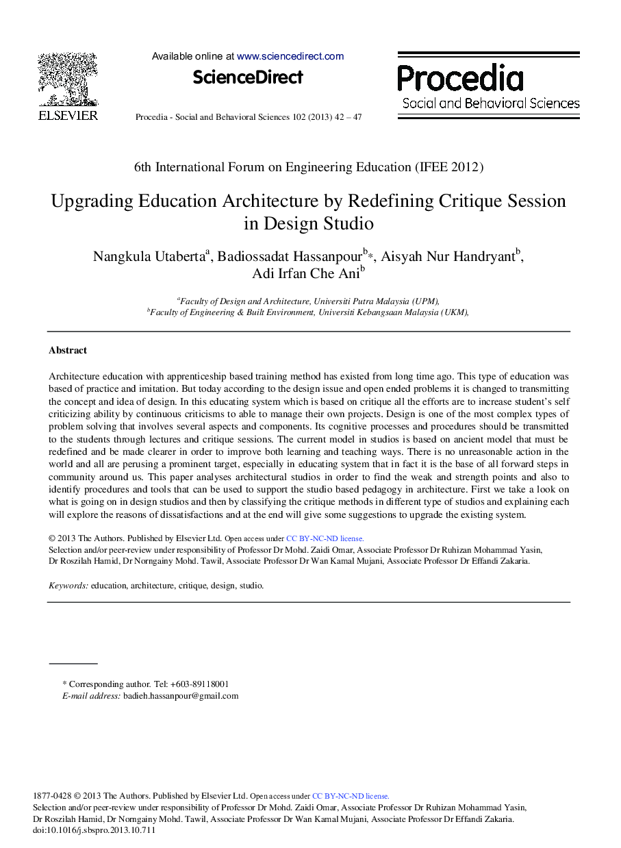 Upgrading Education Architecture by Redefining Critique Session in Design Studio 