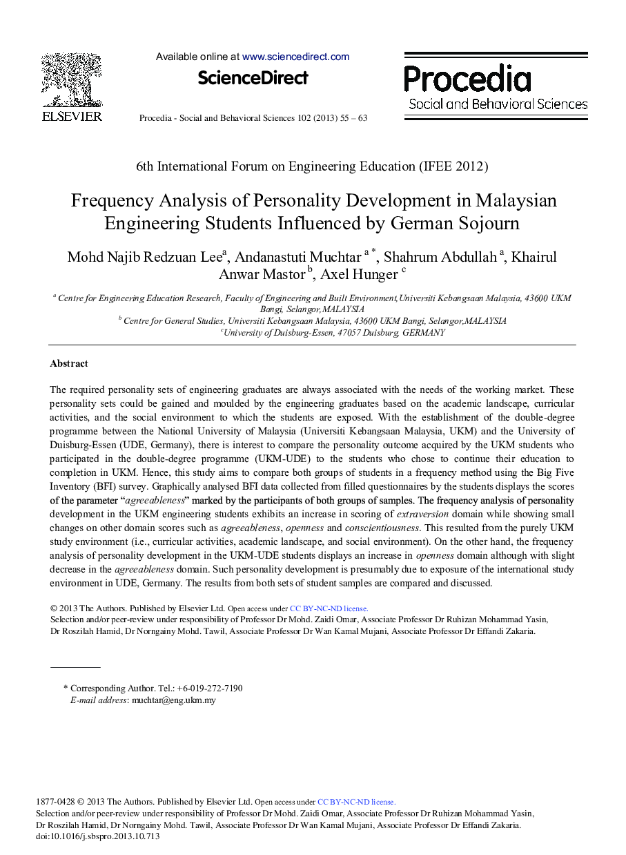 Frequency Analysis of Personality Development in Malaysian Engineering Students Influenced by German Sojourn 