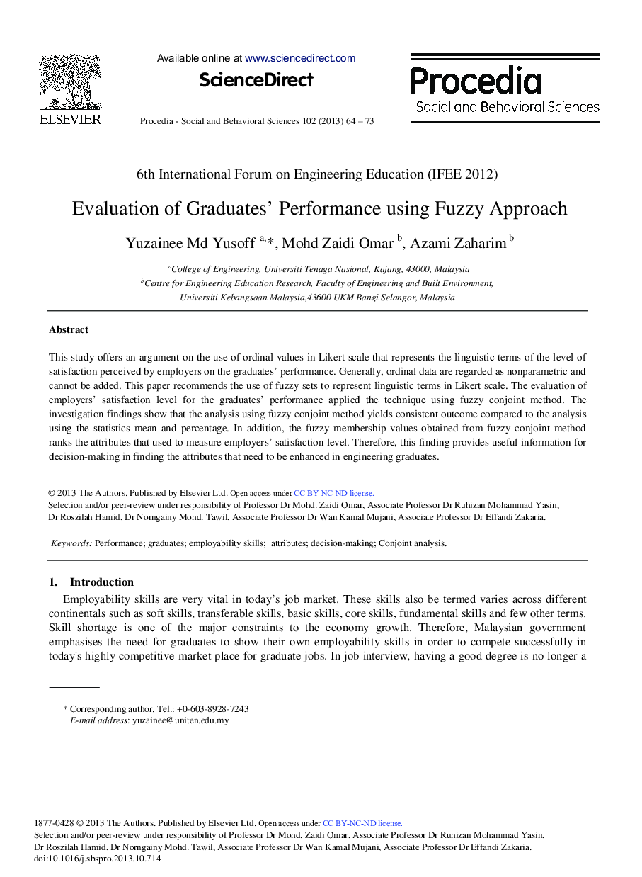 Evaluation of Graduates’ Performance Using Fuzzy Approach 