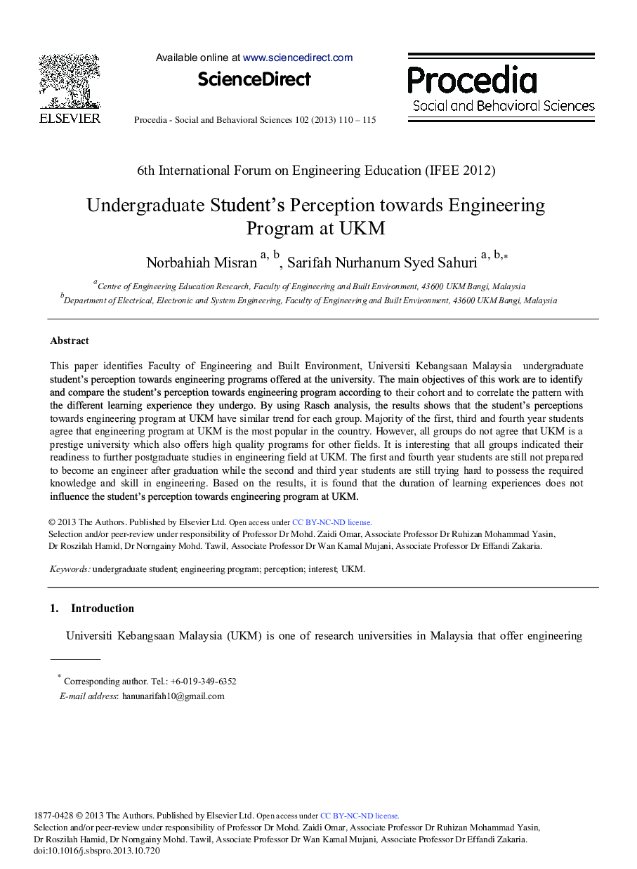 Undergraduate Student's Perception towards Engineering Program at UKM 