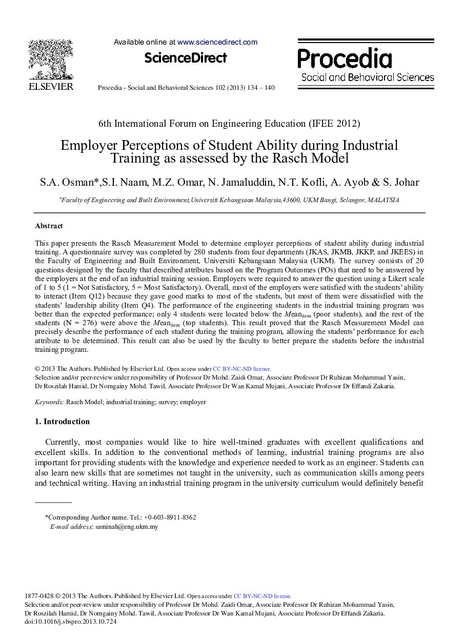 Employer Perceptions of Student Ability during Industrial Training as Assessed by the Rasch Model 