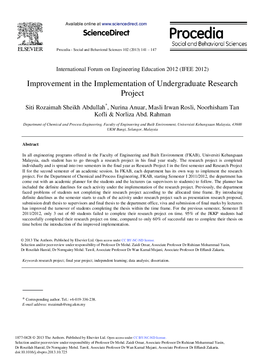 Improvement in the Implementation of Undergraduate Research Project 