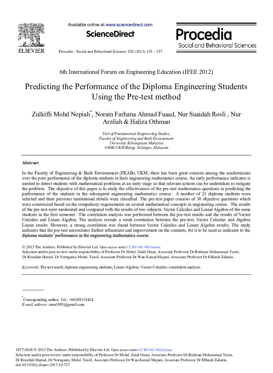 Predicting the Performance of the Diploma Engineering Students Using the Pre-test Method 