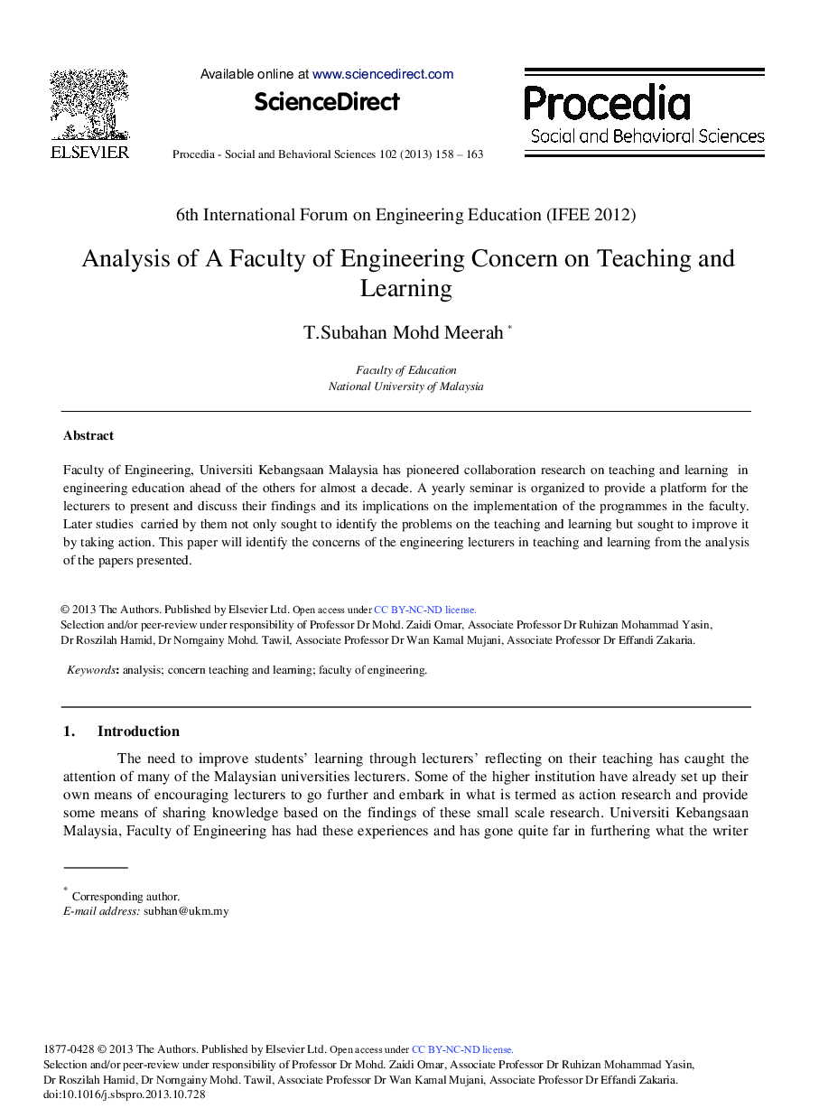 Analysis of a Faculty of Engineering Concern on Teaching and Learning 